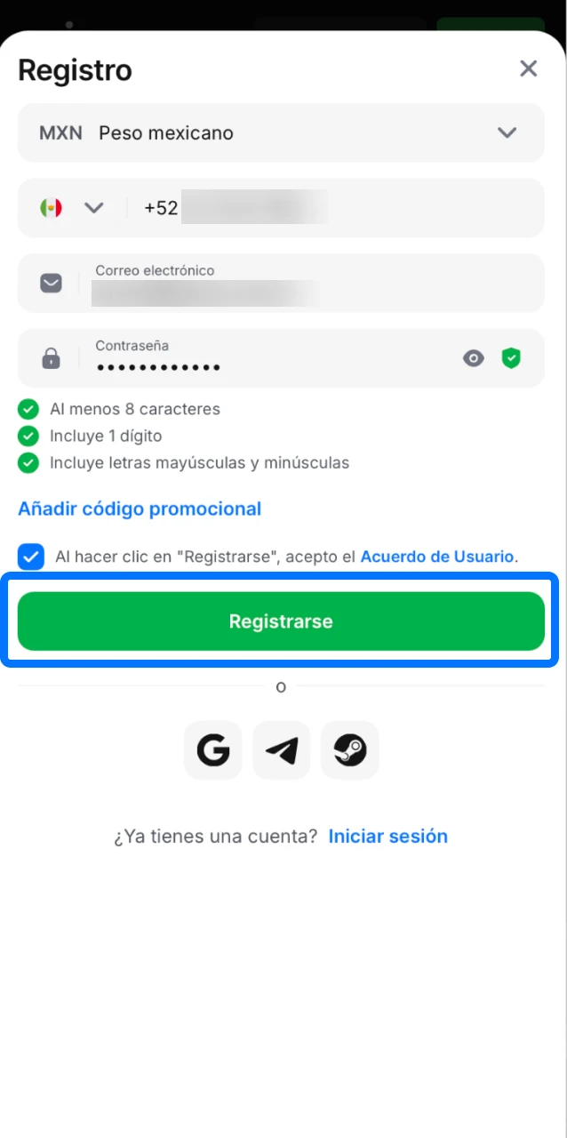 Revisá la información, aceptá los términos y condiciones y finalizá el registro en la app de 1win.