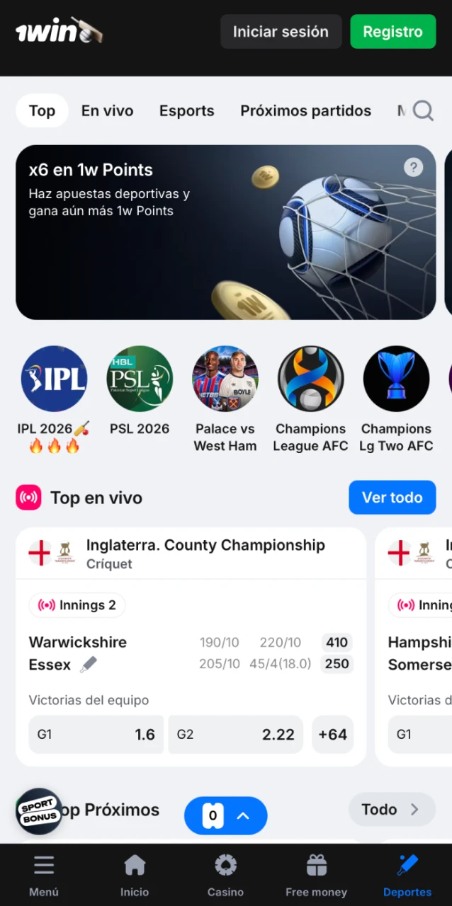 Interfaz de apuestas deportivas en la app 1win con cuotas y eventos en vivo para México.