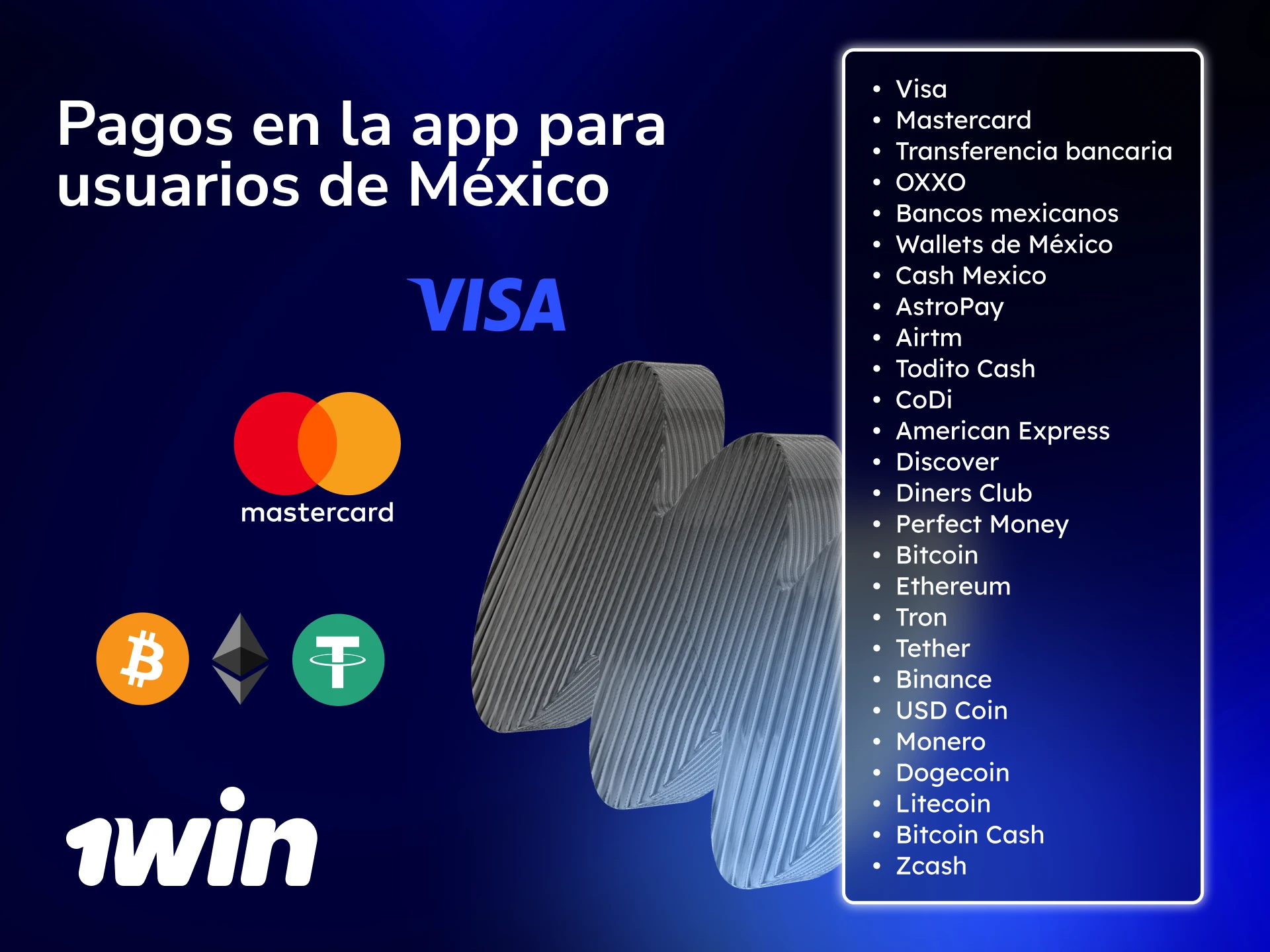 Métodos de pago en la app de 1win para usuarios de México incluyendo transferencia y cripto.