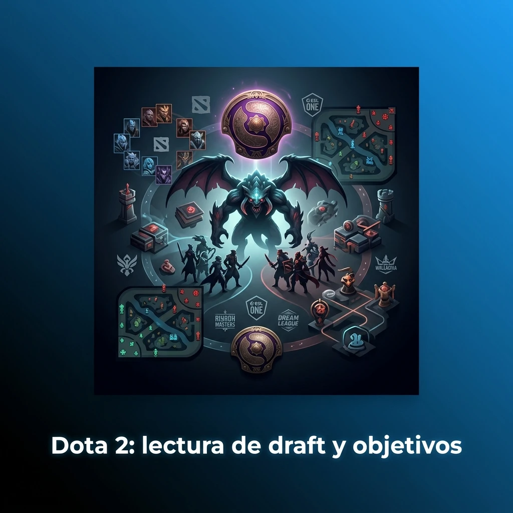 Draft de Dota 2 con control de mapa y pelea por Roshan, enfocado en objetivos, timings y forma reciente del equipo