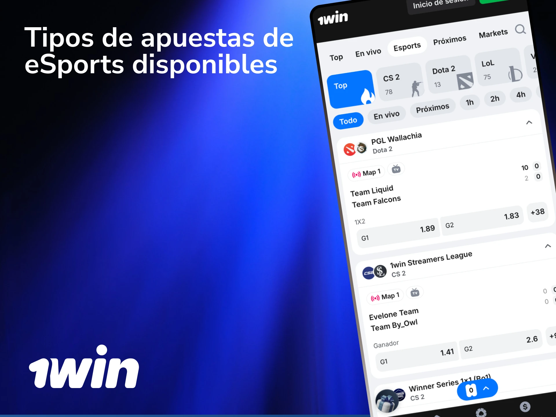 Tipos de apuestas de eSports disponibles en 1win incluyendo ganador del mapa y total de rondas.