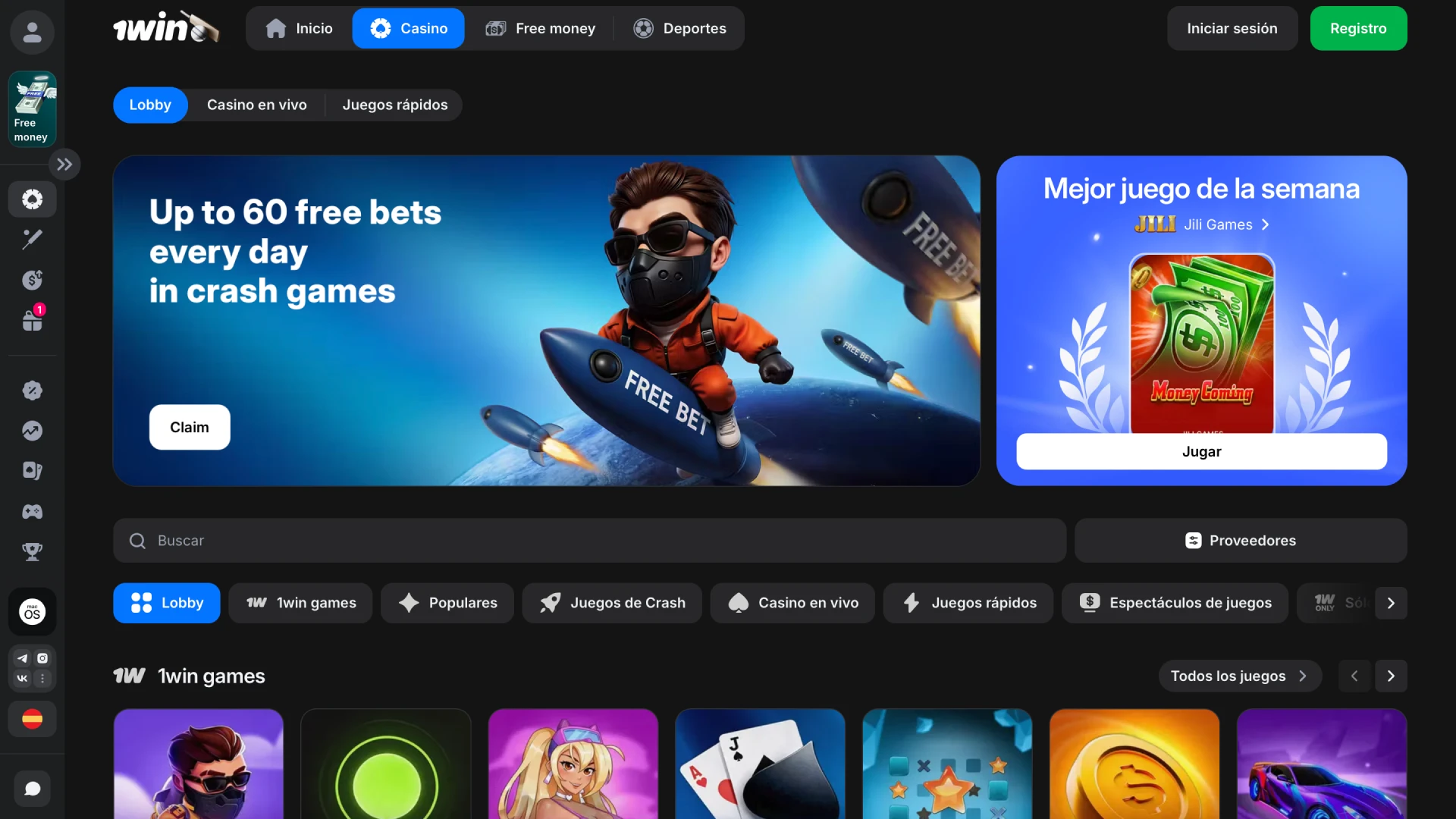 Lobby de casino online de 1win con tragamonedas, juegos de mesa y casino en vivo desde México.