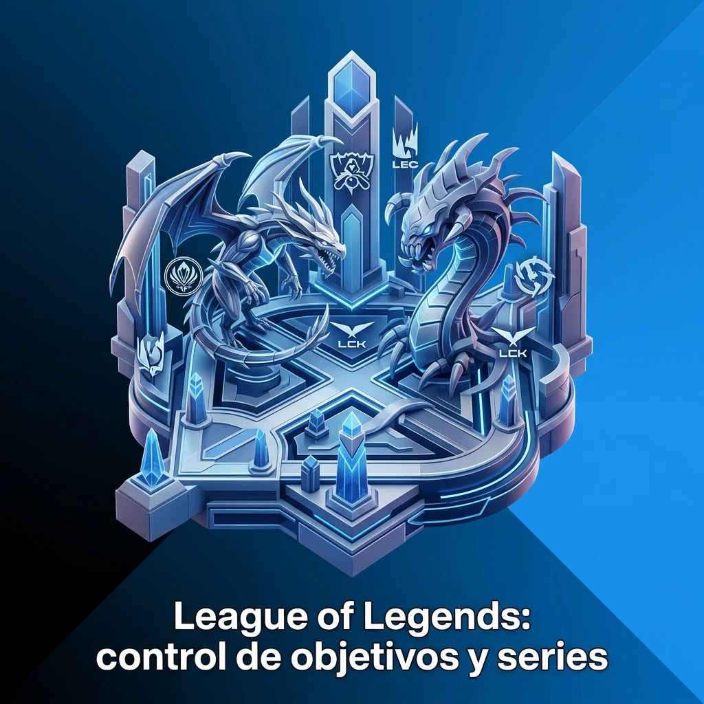 Partida de League of Legends con dragón y Barón en foco, destacando control de objetivos, macro y ganador de serie