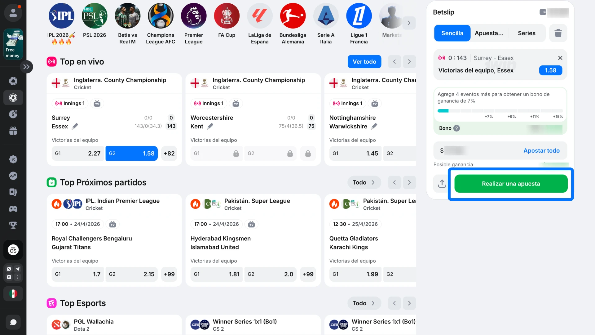 Revisá la posible ganancia y confirmá para registrar tu cupón de apuesta en 1win.