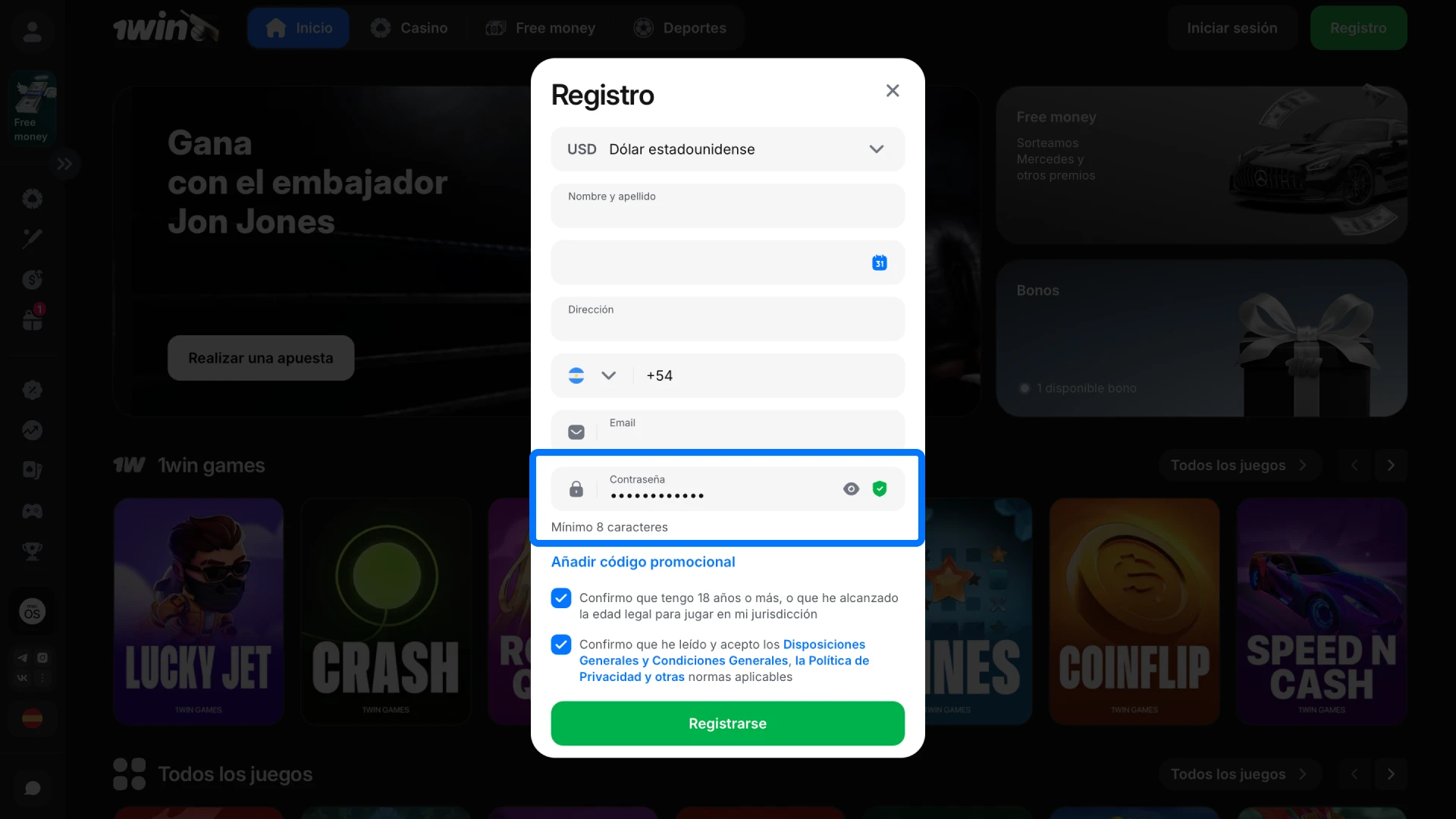 Completá tus datos personales y confirmá tu edad para crear la cuenta en 1win.