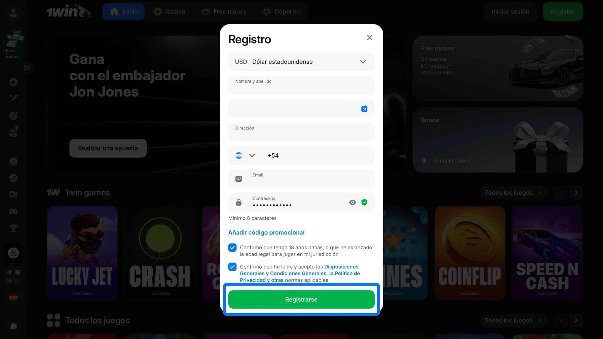 Aceptá los términos, confirmá el código y entrá a tu perfil de 1win para empezar.