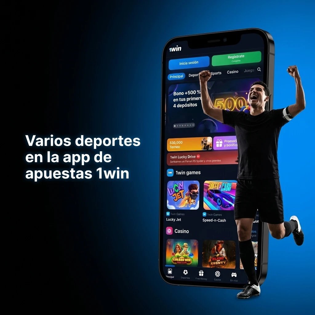 Pantalla de la app 1win con lista de deportes y eSports para apuestas en vivo y en línea, con estadísticas y video